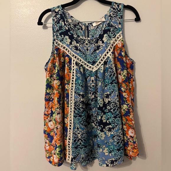 entro Tops - Entro Floral Sleeveless Blouse - Blue and Orange